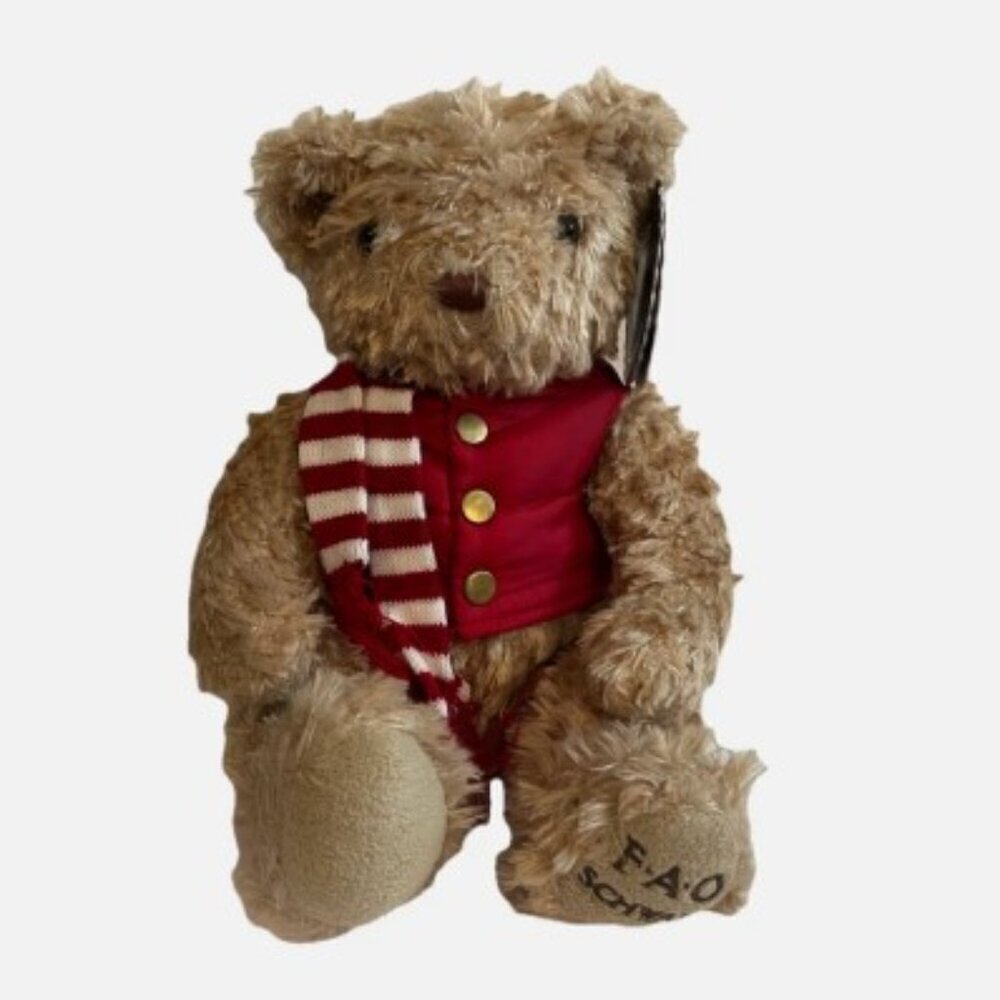 NEW 2018 FAO Schwarz Brown Bear Plush in Red Winter Vest & Scarf